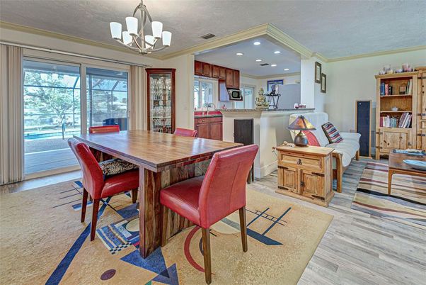 Chandelier, Dining room, Interior, Kitchen, Recessed Lighting, Wood Texture Flooring