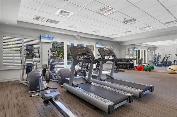 Fitness Equipment, Gym, Interior, Recessed Lighting, Wood Texture Flooring