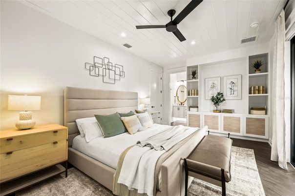 Bedroom, Interior, Recessed Lighting, Wood Texture Flooring