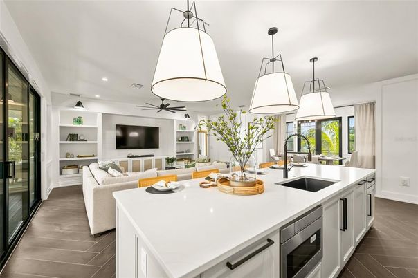 Interior, Kitchen, Living room, Pendant Lights, Recessed Lighting, Wood Texture Flooring