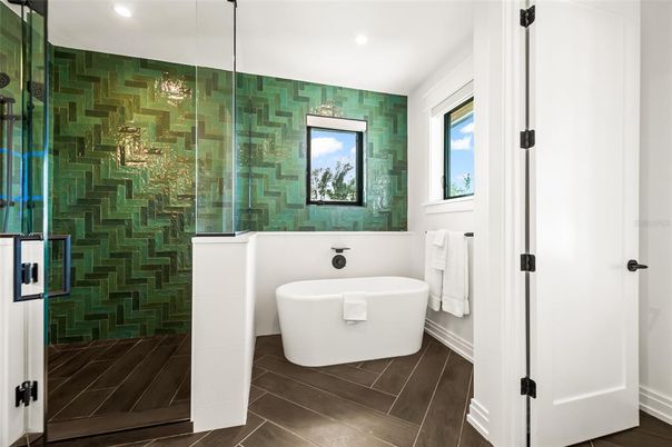 Bathroom, Free Standing Baths, Glass Shower, Interior, Recessed Lighting, Wood Texture Flooring