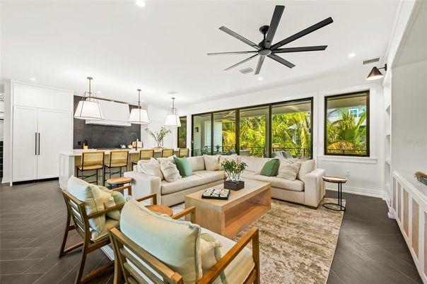 Interior, Kitchen, Living room, Pendant Lights, Recessed Lighting, Wood Texture Flooring