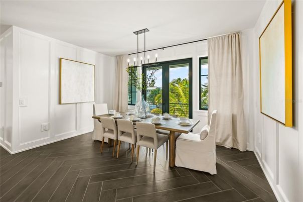 Dining room, Interior, Pendant Lights, Wood Texture Flooring