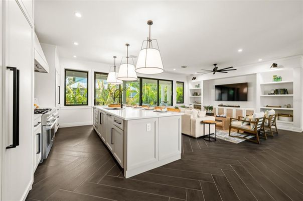 Interior, Kitchen, Living room, Pendant Lights, Recessed Lighting, Wood Texture Flooring