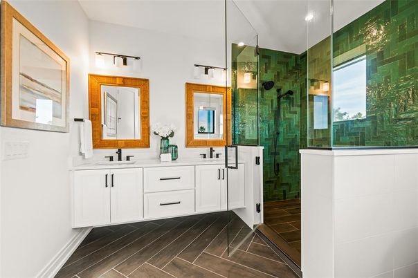 Bathroom, Dual Sink Vanities, Glass Shower, Interior, Recessed Lighting, Wood Texture Flooring