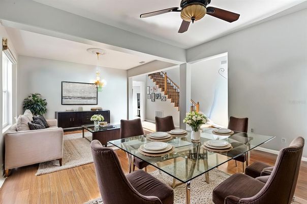Dining room, Interior, Living room, Pendant Lights, Wood Texture Flooring