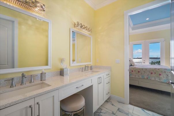 Bathroom, Bedroom, Dual Sink Vanities, Interior, Marble, Recessed Lighting