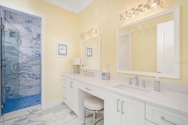 Bathroom, Dual Sink Vanities, Glass Shower, Interior, Marble, Marble Walls