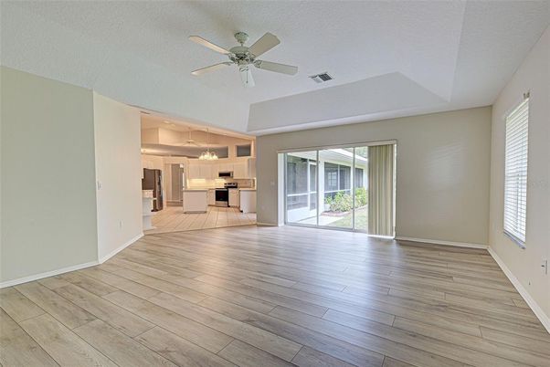 Empty room, Interior, Kitchen, Pendant Lights, Wood Texture Flooring