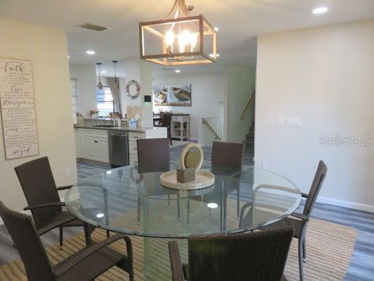 Dining room, Interior, Kitchen, Pendant Lights, Recessed Lighting, Wood Texture Flooring