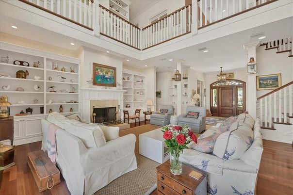Chandelier, Fireplace, Interior, Living room, Recessed Lighting, Wood Texture Flooring