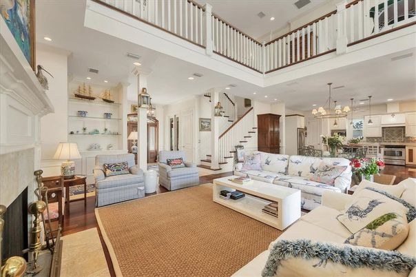 Fireplace, Interior, Kitchen, Living room, Pendant Lights, Recessed Lighting, Wood Texture Flooring