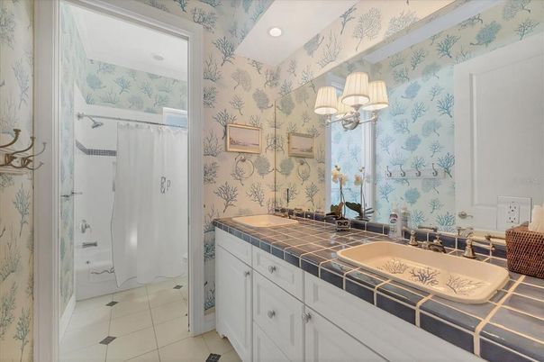Bathroom, Dual Sink Vanities, Interior, Recessed Lighting, Tile Countertops