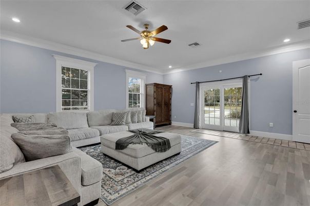 Interior, Living room, Recessed Lighting, Wood Texture Flooring