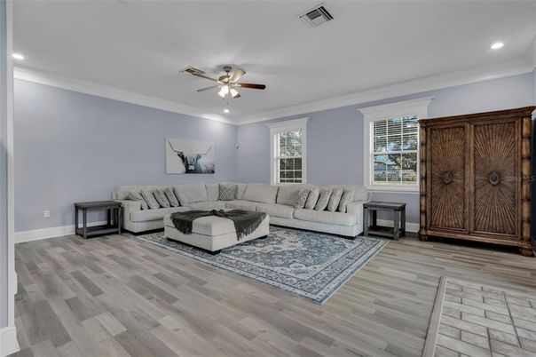 Interior, Living room, Recessed Lighting, Wood Texture Flooring