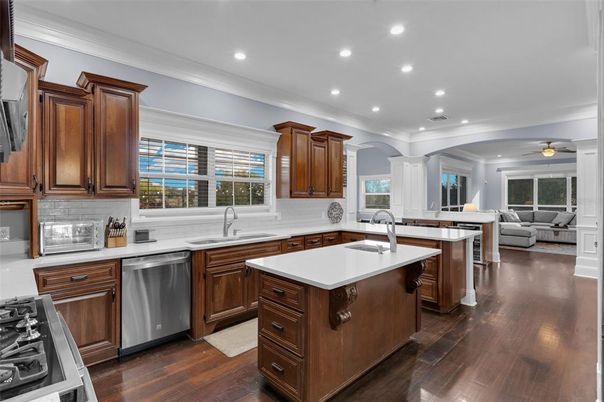 Interior, Kitchen, Living room, Recessed Lighting, Stainless Steel Appliances, Wood Texture Flooring