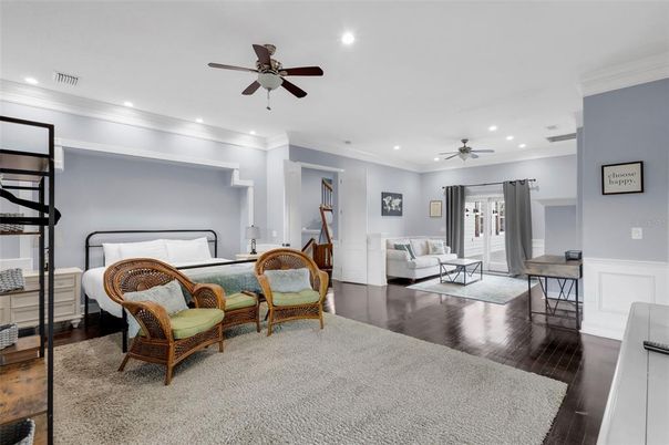 Bedroom, Interior, Recessed Lighting, Wood Texture Flooring