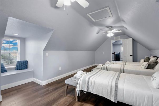 Bedroom, Interior, Recessed Lighting, Wood Texture Flooring