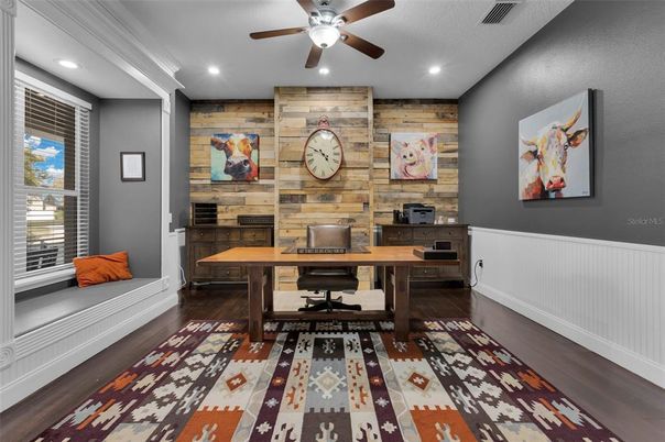 Home Office, Interior, Recessed Lighting, Wood Texture Flooring, Wooden Walls
