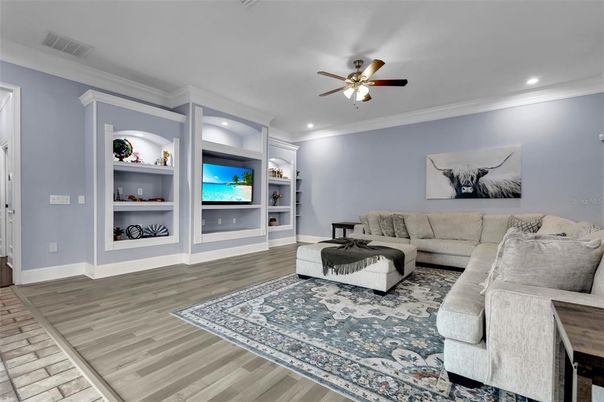 Interior, Living room, Recessed Lighting, Wood Texture Flooring