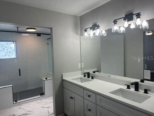 Bathroom, Dual Sink Vanities, Glass Shower, Interior, Marble