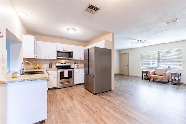 Interior, Kitchen, Stainless Steel Appliances, Wood Texture Flooring