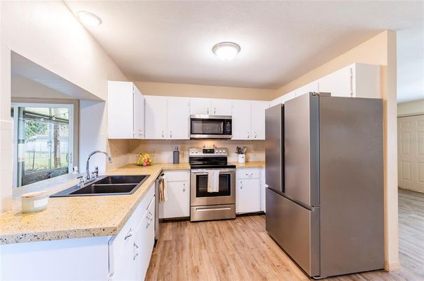 Interior, Kitchen, Stainless Steel Appliances, Wood Texture Flooring