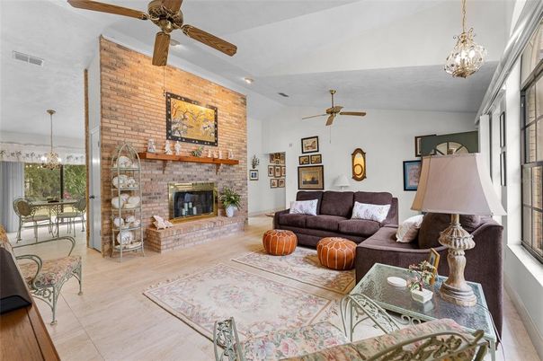 Dining room, Fireplace, Interior, Living room, Pendant Lights, Stone Walls
