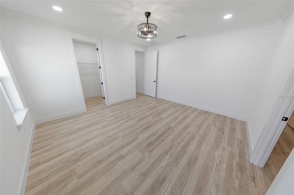Chandelier, Empty room, Interior, Recessed Lighting, Wood Texture Flooring