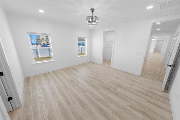 Chandelier, Empty room, Interior, Recessed Lighting, Wood Texture Flooring