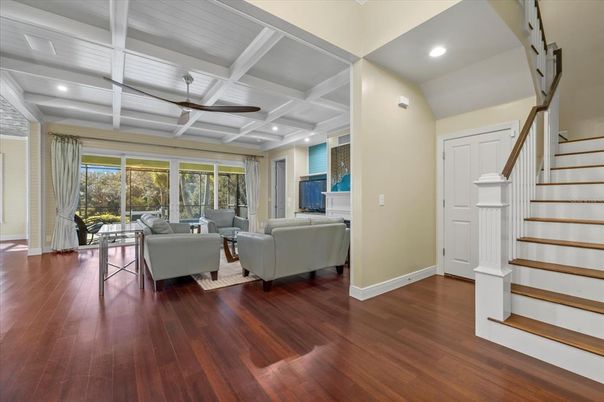 Interior, Living room, Recessed Lighting, Wood Texture Flooring