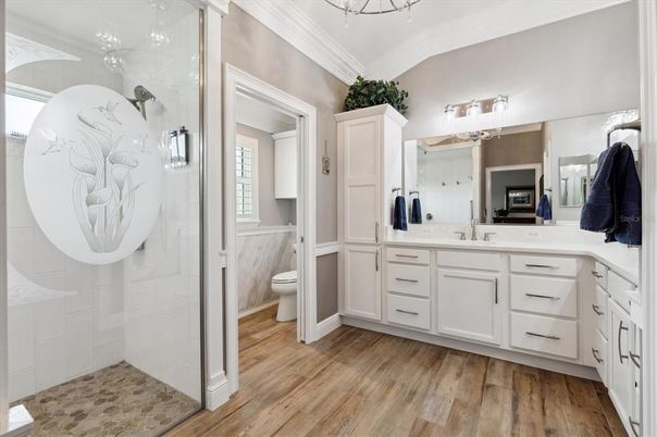 Bathroom, Glass Shower, Interior, Wood Texture Flooring