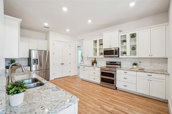 Interior, Kitchen, Recessed Lighting, Stainless Steel Appliances, Wood Texture Flooring