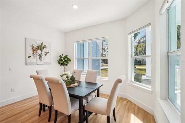 Dining room, Interior, Recessed Lighting, Wood Texture Flooring