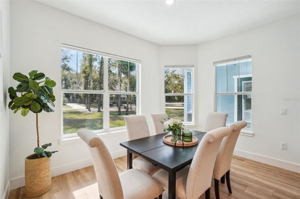 Dining room, Interior, Recessed Lighting, Wood Texture Flooring