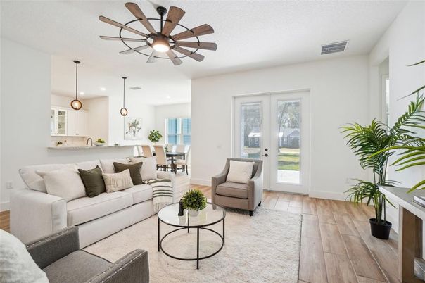 Dining room, Interior, Kitchen, Living room, Pendant Lights, Recessed Lighting, Wood Texture Flooring
