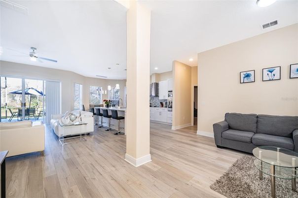 Interior, Kitchen, Living room, Pendant Lights, Recessed Lighting, Wood Texture Flooring