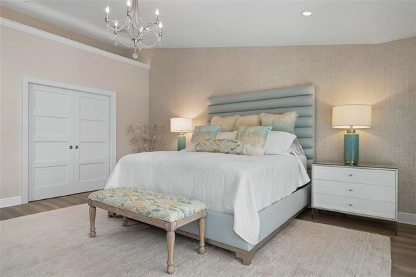 Bedroom, Chandelier, Interior, Recessed Lighting, Wood Texture Flooring