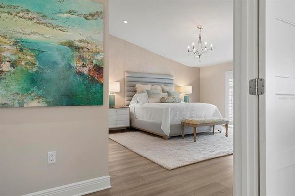 Bedroom, Chandelier, Interior, Recessed Lighting, Wood Texture Flooring