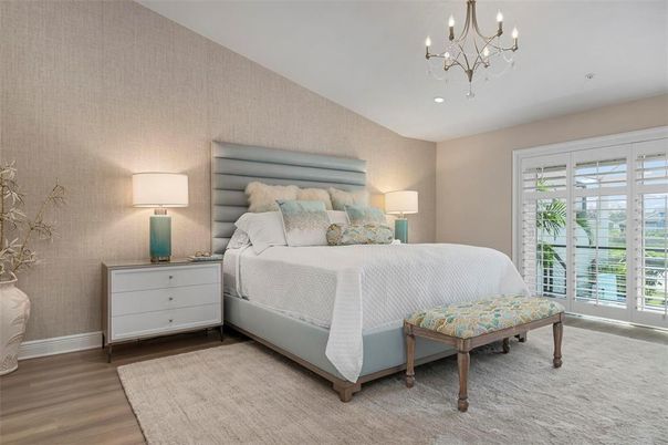 Bedroom, Chandelier, Interior, Recessed Lighting, Wood Texture Flooring