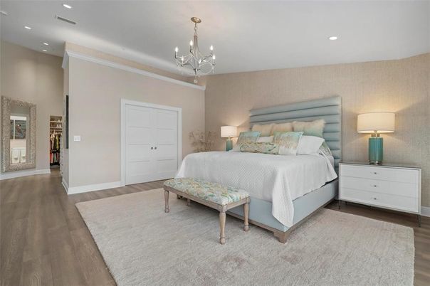 Bedroom, Chandelier, Interior, Recessed Lighting, Wood Texture Flooring