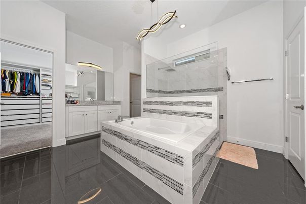 Bathroom, Glass Shower, Interior, Marble Walls, Pendant Lights, Recessed Lighting, Walk-in Closets