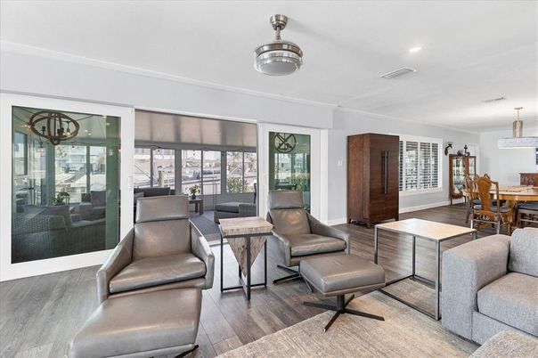 Dining room, Interior, Living room, Recessed Lighting, Wood Texture Flooring