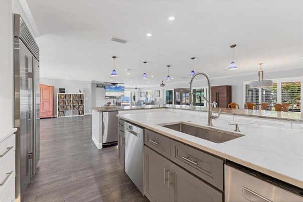 Interior, Kitchen, Pendant Lights, Recessed Lighting, Stainless Steel Appliances, Wood Texture Flooring