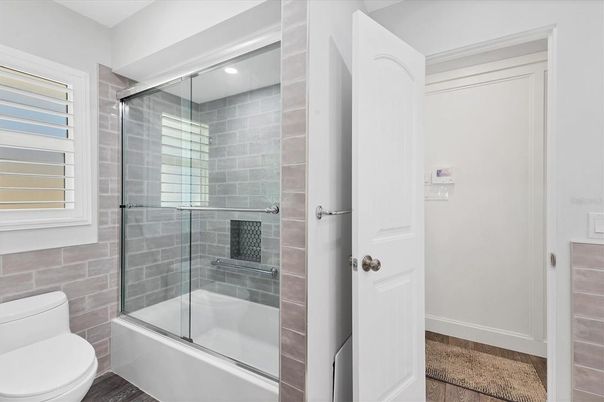 Bathroom, Glass Shower, Interior, Wood Texture Flooring