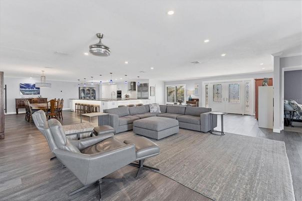Dining room, Interior, Kitchen, Living room, Pendant Lights, Recessed Lighting, Wood Texture Flooring