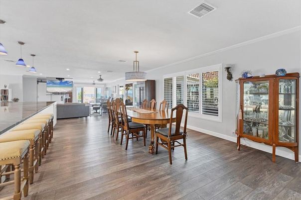 Dining room, Interior, Pendant Lights, Recessed Lighting, Wood Texture Flooring