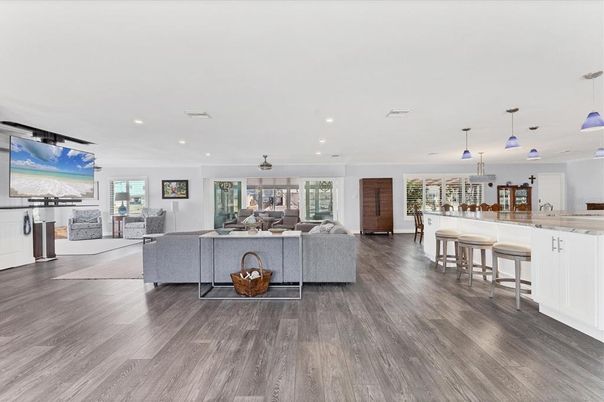 Interior, Kitchen, Living room, Pendant Lights, Recessed Lighting, Wood Texture Flooring