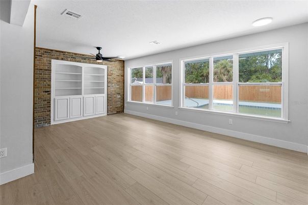 Empty room, Interior, Recessed Lighting, Stone Walls, Wood Texture Flooring