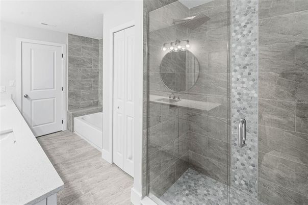 Bathroom, Glass Shower, Interior, Wood Texture Flooring